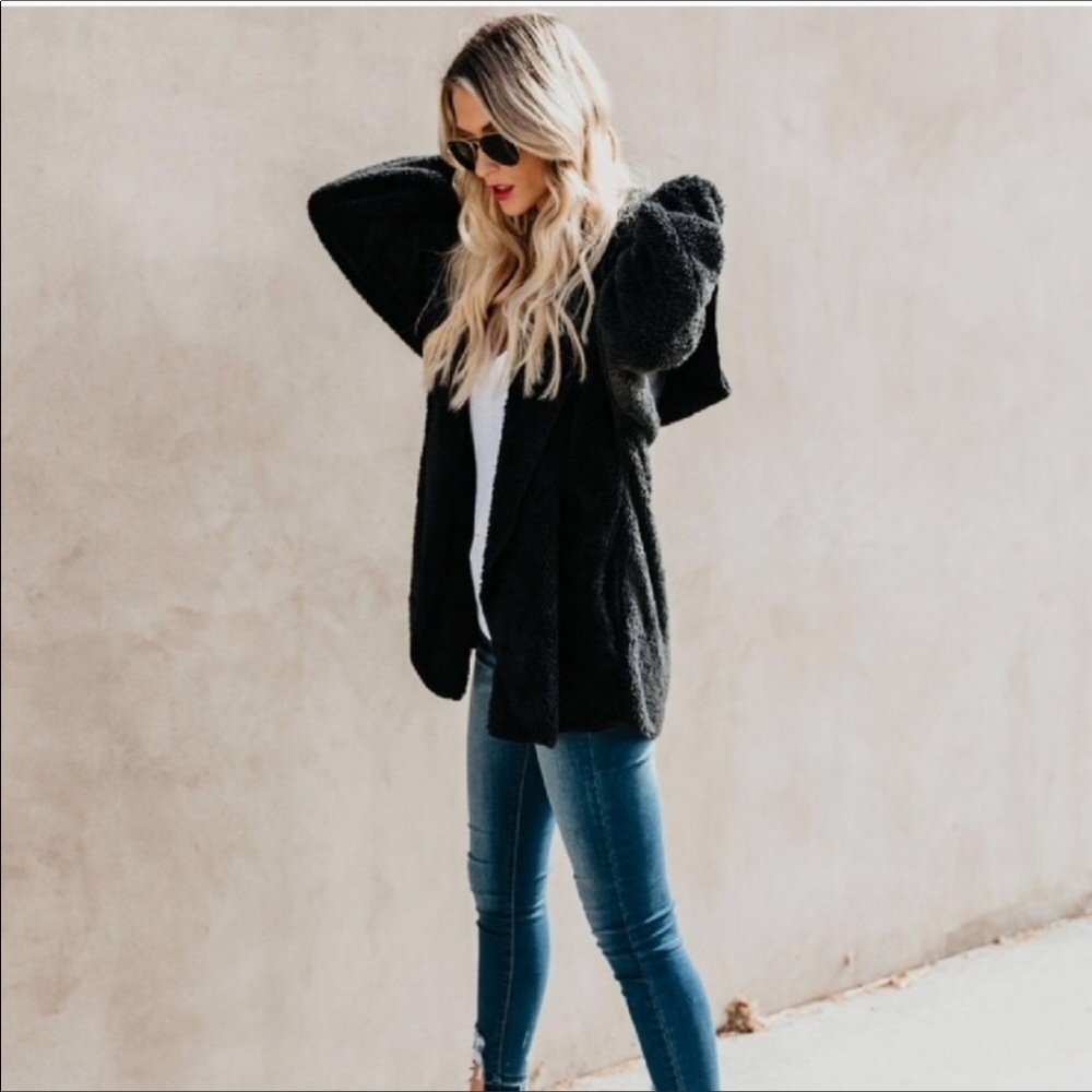 🆑$FIRM$ Gorgeous Black Sherpa Hooded Cardigan - Picture 2 of 8